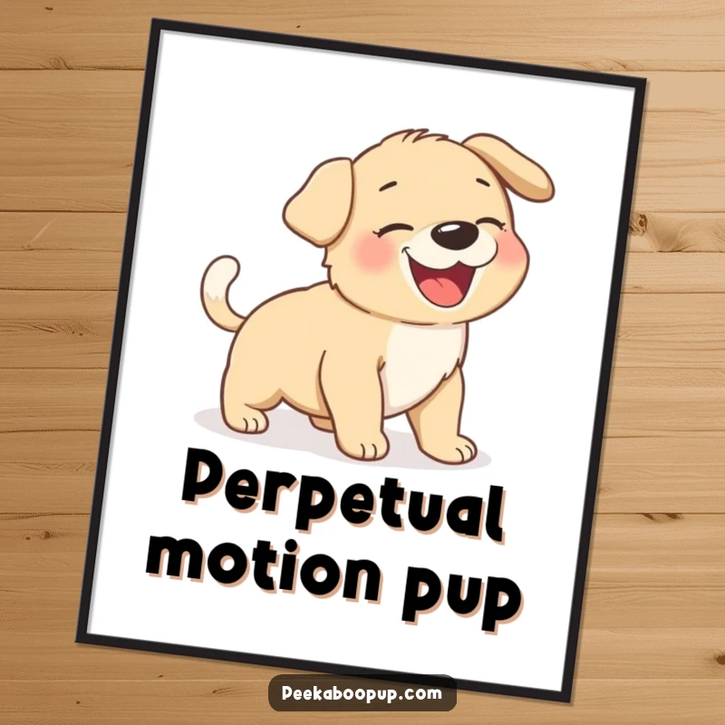 Funny giggling puppy caught in a loop, chasing its own wagging tail, presented as wall art.