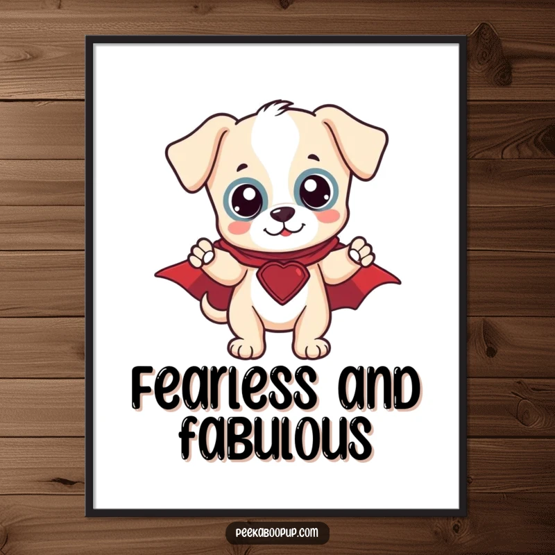 Funny Hero Puppy Poster: A cute puppy sporting a cape and striking a heroic pose, embodying bravery