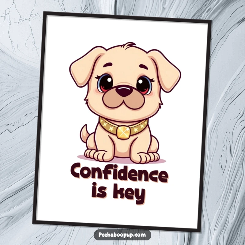Funny poster depicting a proud puppy wearing a glittering collar and striking a confident pose, full of attitude.