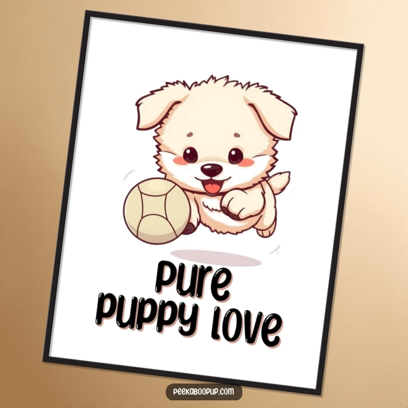 Funny puppy poster featuring an energetic, fluffy puppy enthusiastically chasing a bouncing ball.