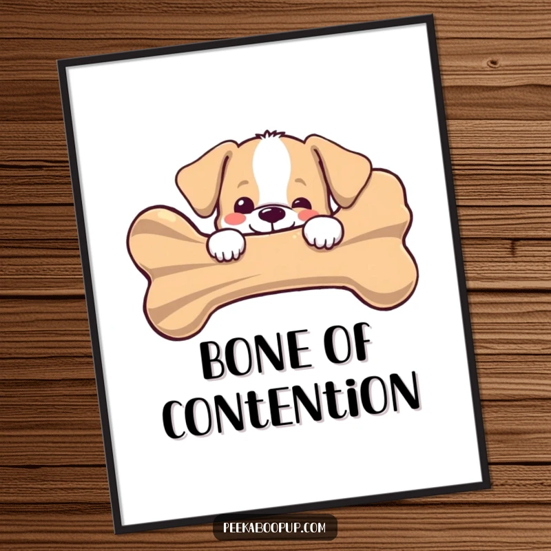 Funny puppy peeking joyfully from behind a giant striped bone, depicted on a poster, radiating pure canine happiness, a perfect gift.