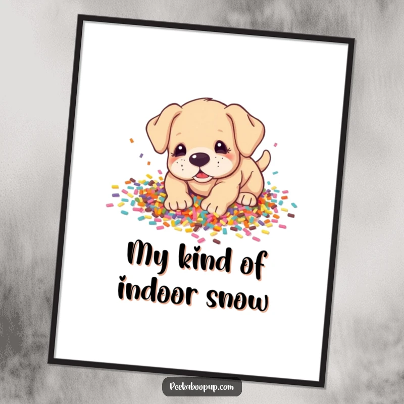 Funny Poster: A close-up of a happy puppy's face emerging from a massive, colorful confetti explosion, full of playful energy.
