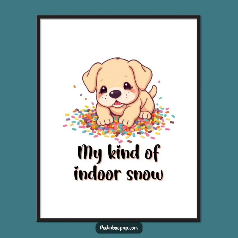 Funny Puppy Confetti Poster: Vibrant Wall Art, Perfect Humorous Dog Gift