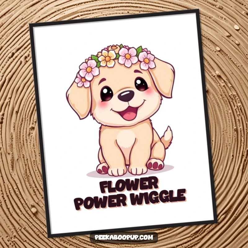 Funny poster print of a cute puppy wearing a flower crown, doing a joyful wiggle, bringing happiness to any wall.