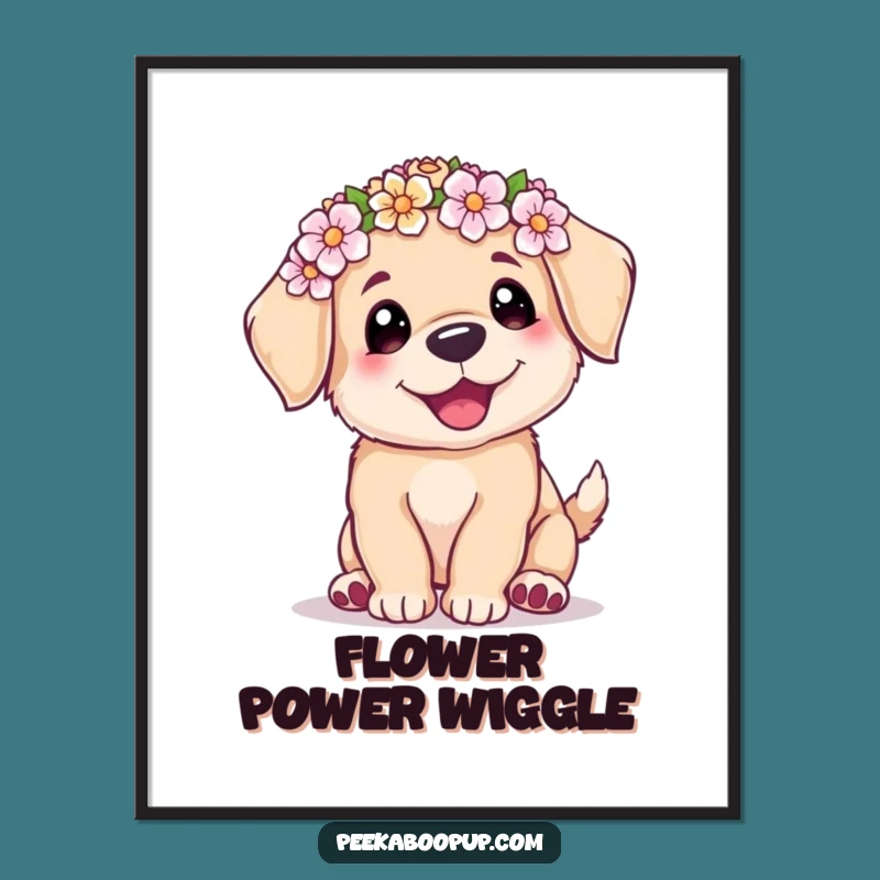Funny Puppy Flower Crown Poster: Joyful Wiggle Art, Perfect Gift