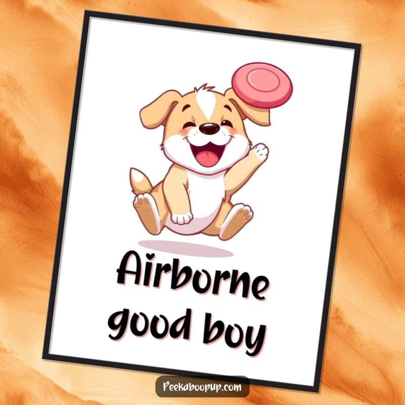 Funny poster showcasing a happy puppy dynamically catching a frisbee in the air, full of athletic joy.