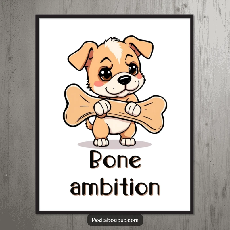 Funny poster art of a determined puppy with a stern look, struggling mightily to carry a ridiculously oversized bone.