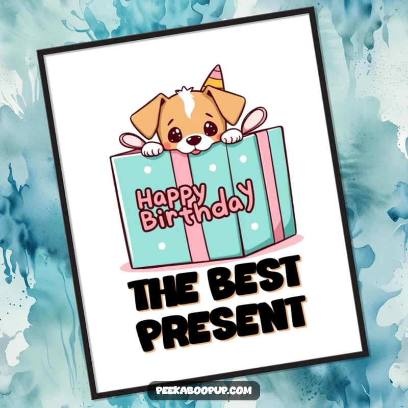 Funny poster featuring a puppy peeking out of a giant birthday gift box, bringing playful surprise humor.