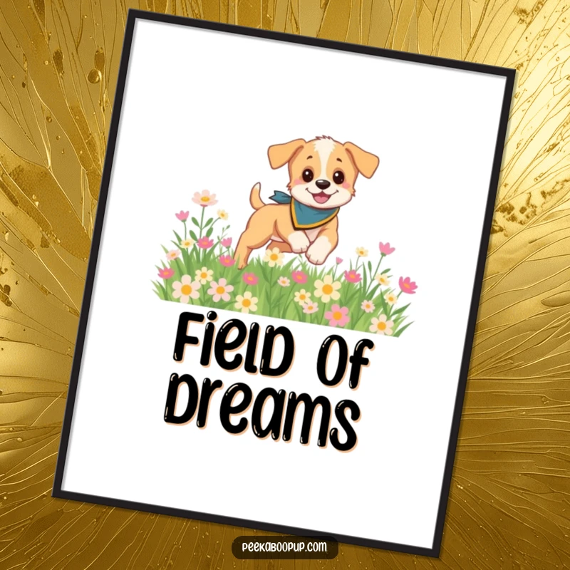 Funny poster of a playful puppy sporting a bandana, frolicking with pure joy in a beautiful field brimming with colorful flowers.