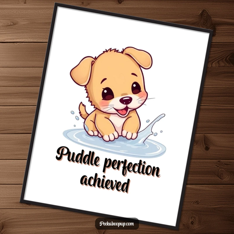 Funny puppy poster showcasing a dog joyfully splashing in a puddle, bringing lively humor to wall decor.