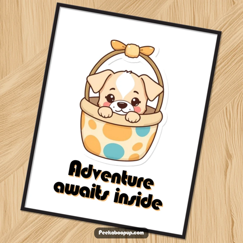 Funny Poster print of a curious puppy peeking from a colorful dog toy basket, creating a humorous and lively visual for dog lovers.