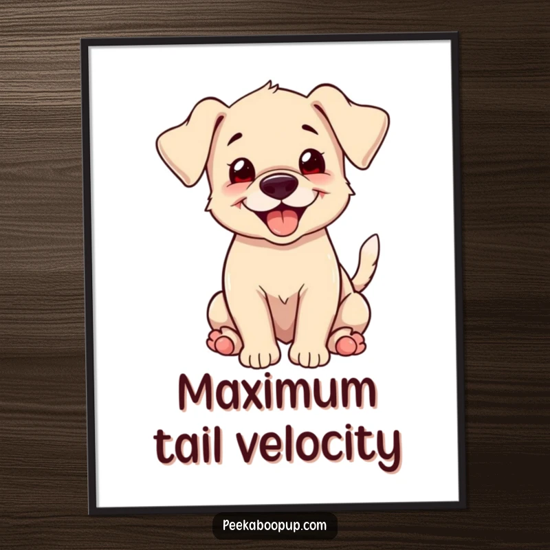 Funny puppy with floppy ears, a happy grin, and a tail wagging furiously, presented as joyful wall art.