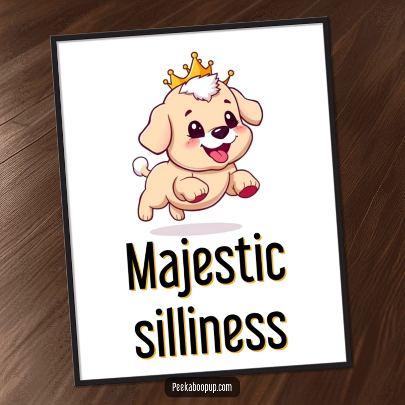 Funny poster print of a puppy wearing a crown, gleefully chasing its tail with a wide, happy smile.