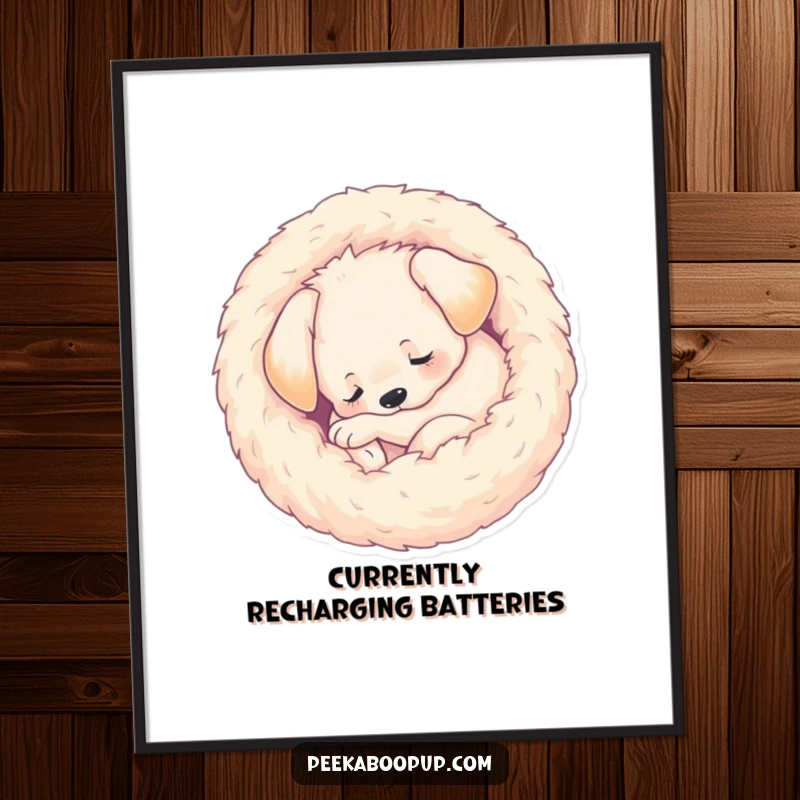 Funny Poster print of a sleeping puppy expertly curled into a complete, fuzzy ball, radiating peacefulness and humorous canine adorableness.