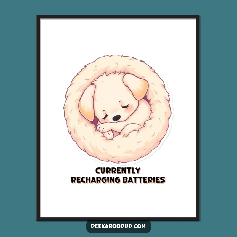 Funny Sleeping Puppy Poster: Cozy Ball Art, Hilarious Canine Decor Gift