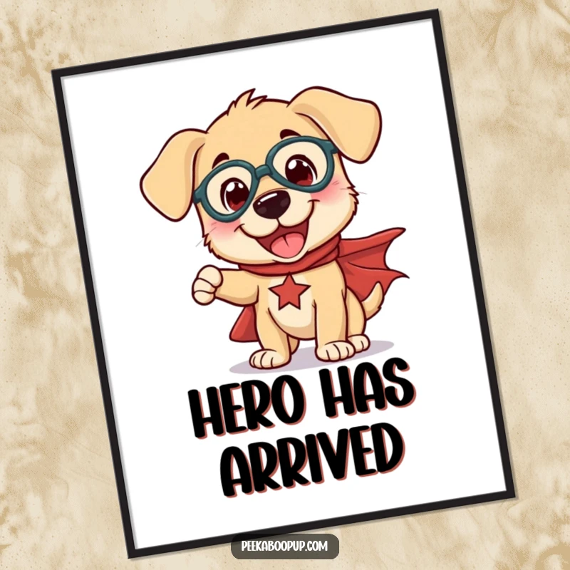 Funny poster of a cheerful puppy wearing a superhero cape and striking a quirky, heroic pose, full of energy.
