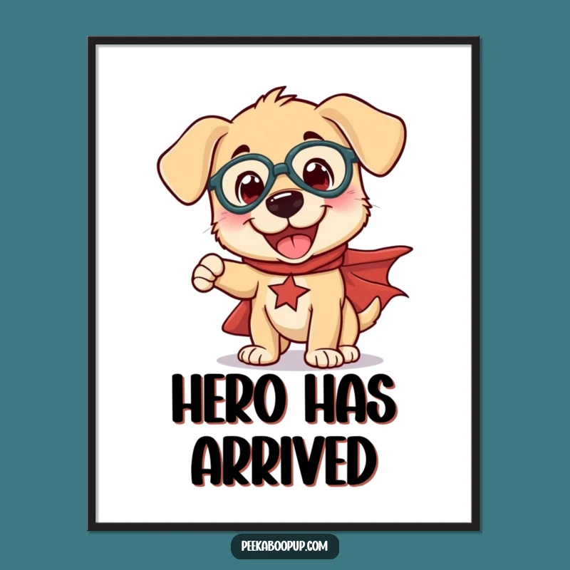 Funny Superhero Puppy Poster: Adorable Wall Art for a Heroic and Humorous Space