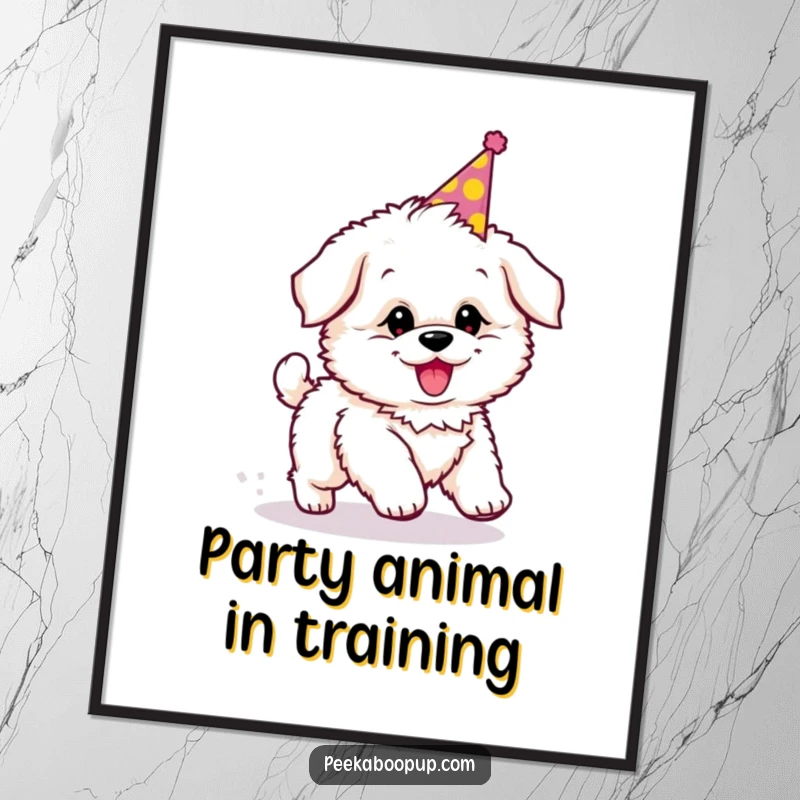 Funny poster featuring a fluffy puppy in a party hat, hilariously chasing its tail in a circle.