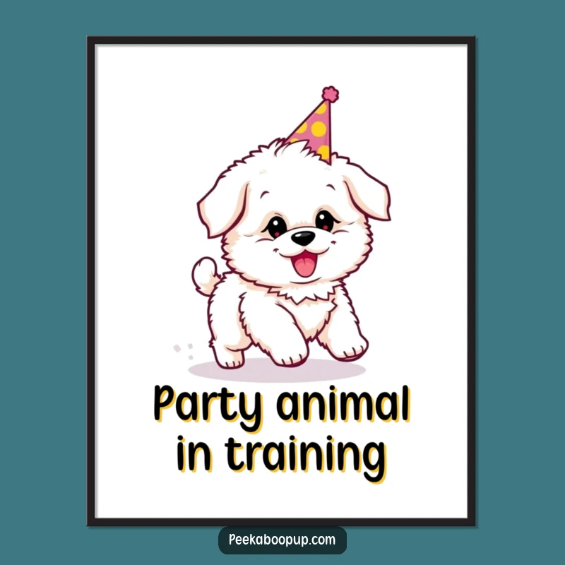 Funny Puppy Party Poster: Tail Chase Art, Joyful Wall Decor