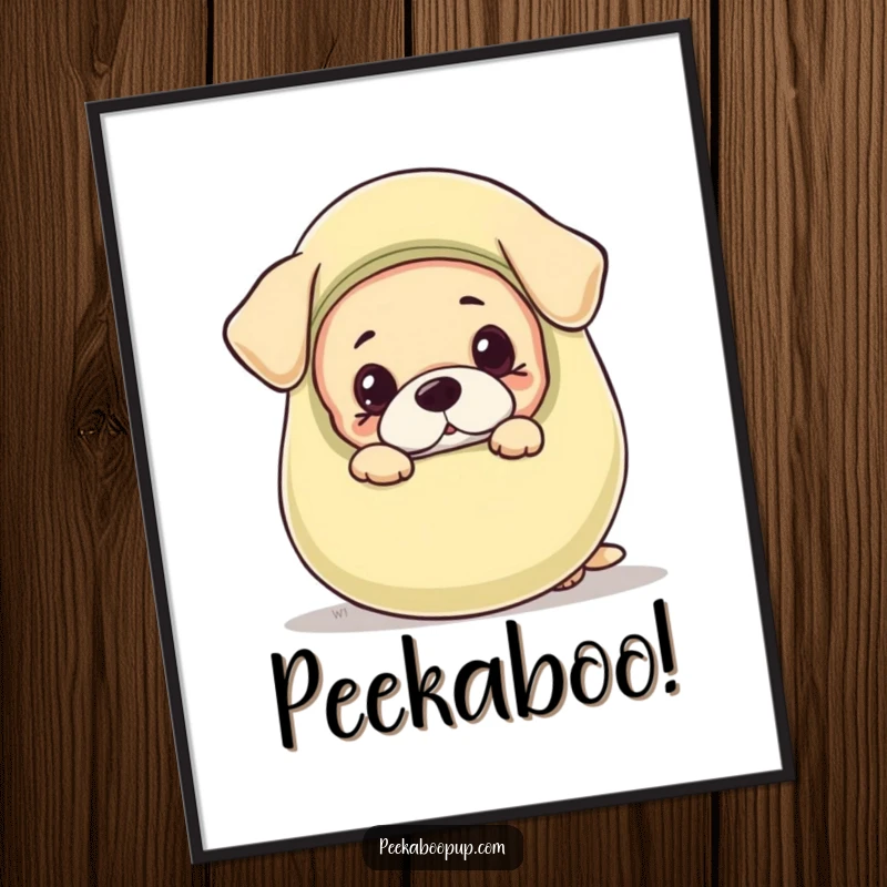Funny poster featuring an utterly adorable puppy with big eyes, peeking out from behind a comically oversized squeaky toy.