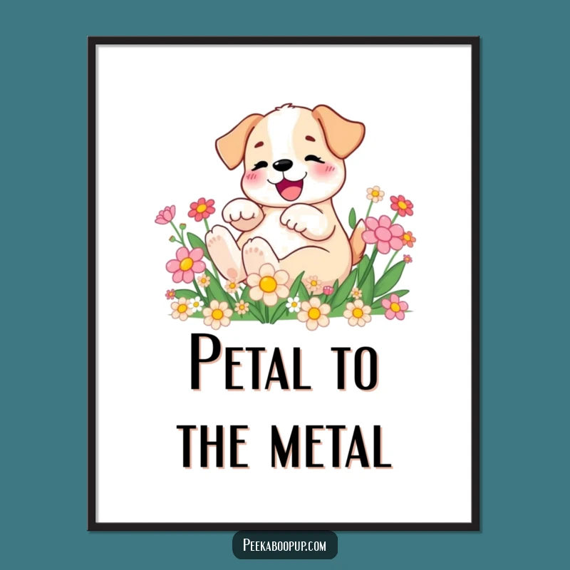 Funny Puppy Rolling in Flowers Poster: Vibrant & Hilarious Wall Decor Gift