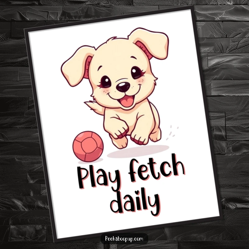 Funny poster art of a cute, floppy-eared puppy joyfully running after a bouncing ball, capturing a moment of pure doggy bliss.