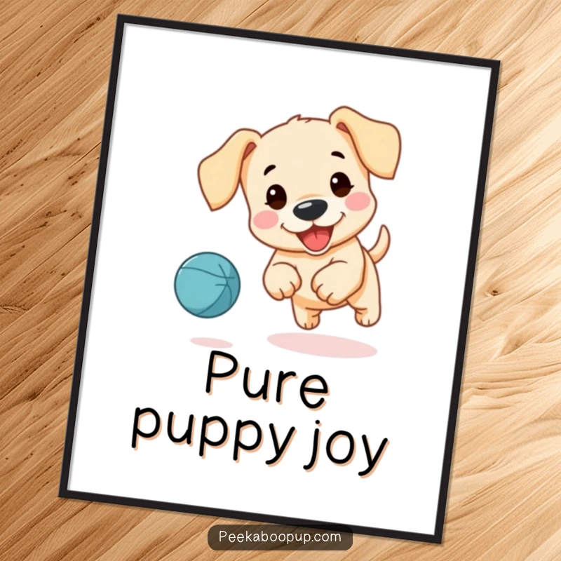 Funny poster showcasing a cute, floppy-eared puppy joyfully chasing a bouncing ball with playful abandon.