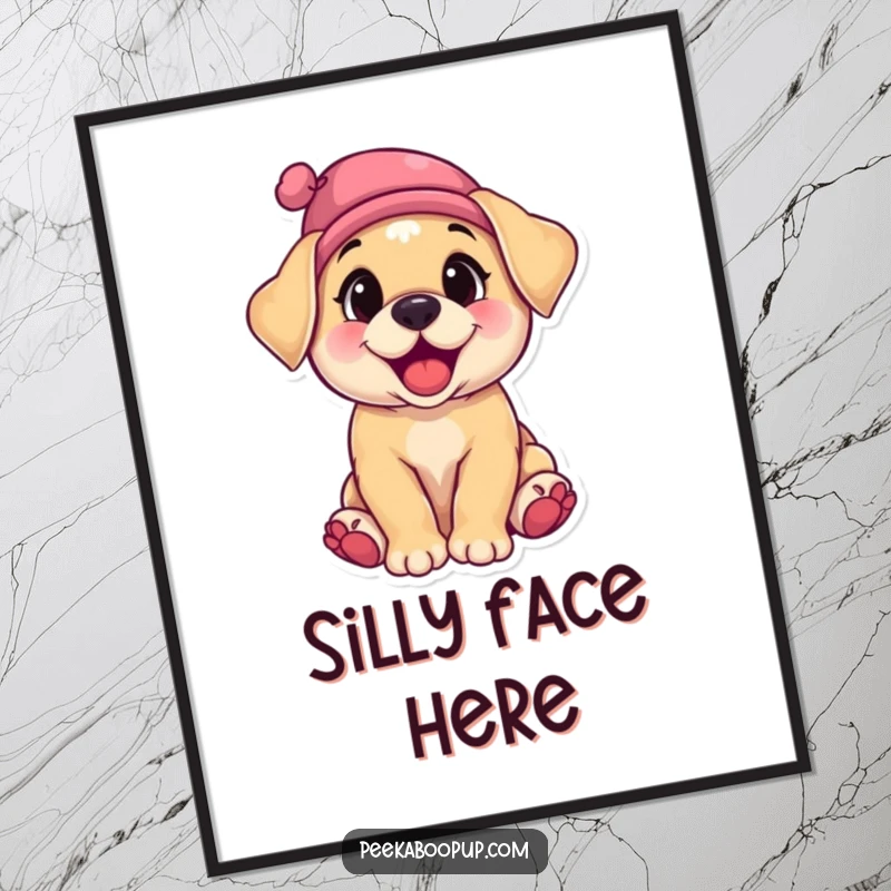 Funny poster featuring an utterly charming puppy with eyes squeezed shut in a happy giggle, wearing a miniature hat askew.