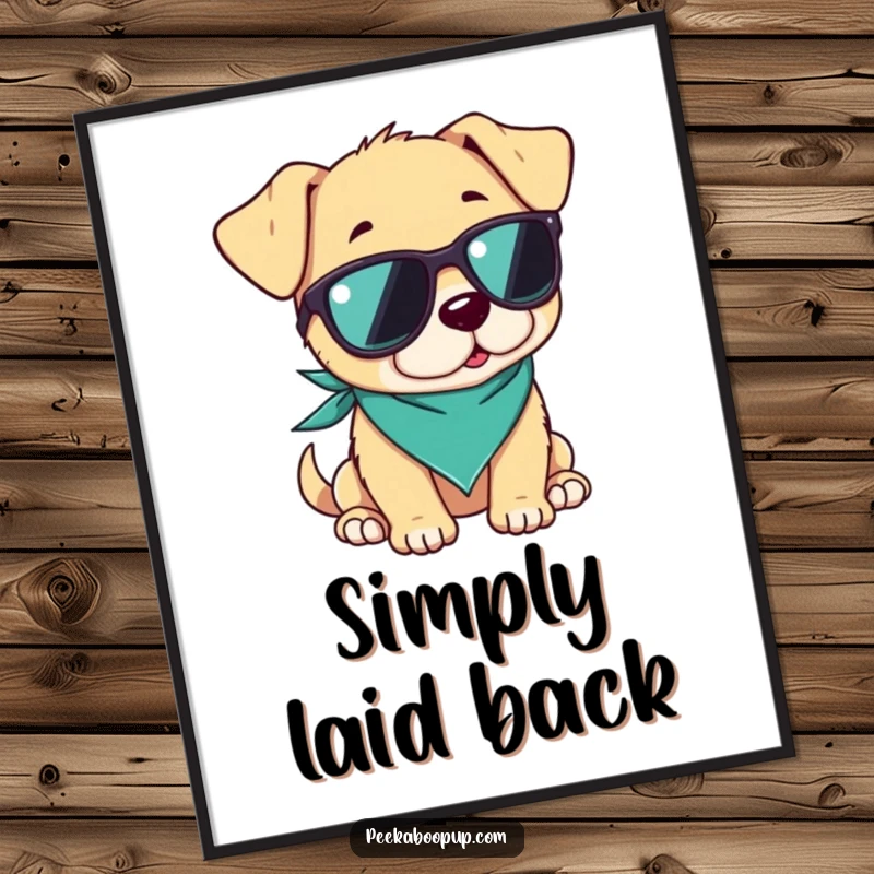 Funny poster featuring a puppy wearing sunglasses and a bandana, looking remarkably cool and relaxed, perfect for trendy decor.