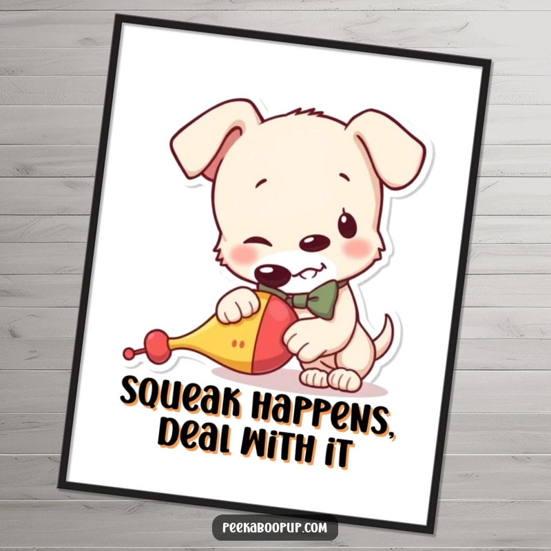 Funny poster of a mischievous puppy wearing a bowtie, joyfully squeaking a toy, adding a humorous and charming focal point to any wall.