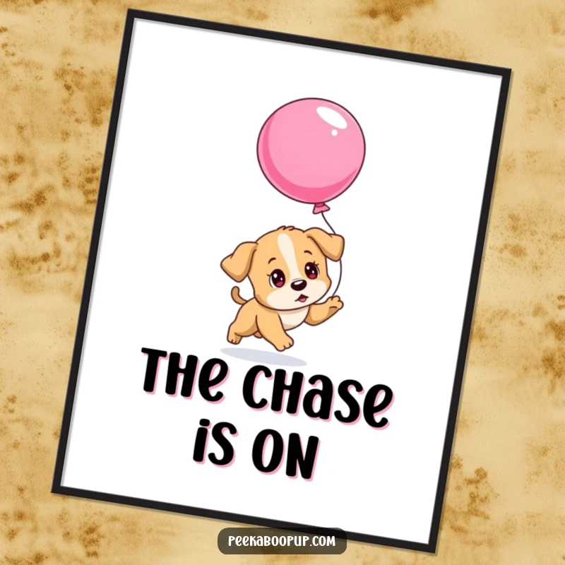 Funny poster featuring a puppy with intense, determined eyes chasing a slowly deflating balloon, capturing a moment of unwavering focus.
