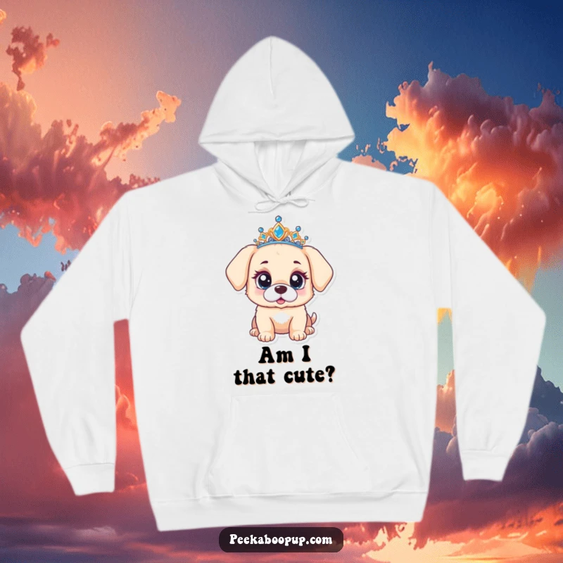 Funny hoodie with a puppy wearing a tiara, looking genuinely surprised with large, expressive, curious eyes.
