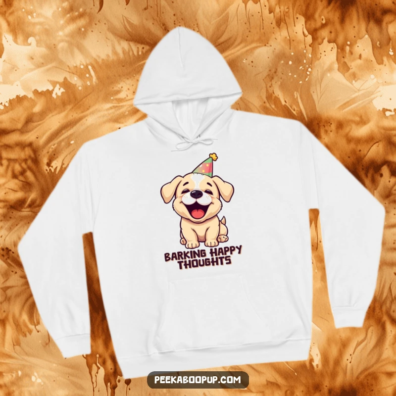Funny puppy character hoodie, wearing a party hat and barking joyfully, cozy and festive design.