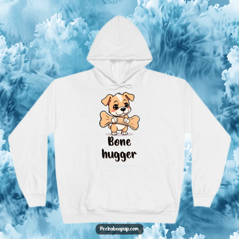 Funny, warm hoodie depicting a determined puppy with extreme focus, trying to haul a massive bone, showcasing effort.
