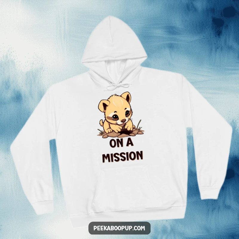 Funny determined puppy character hoodie, focused on digging a tiny hole, cozy and motivating design.