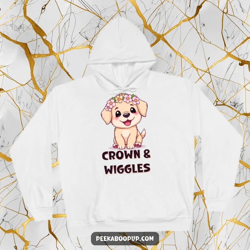 Funny, cozy hoodie with a cute puppy wearing a flower crown, captured joyfully mid-wiggle, perfect for chilly days.