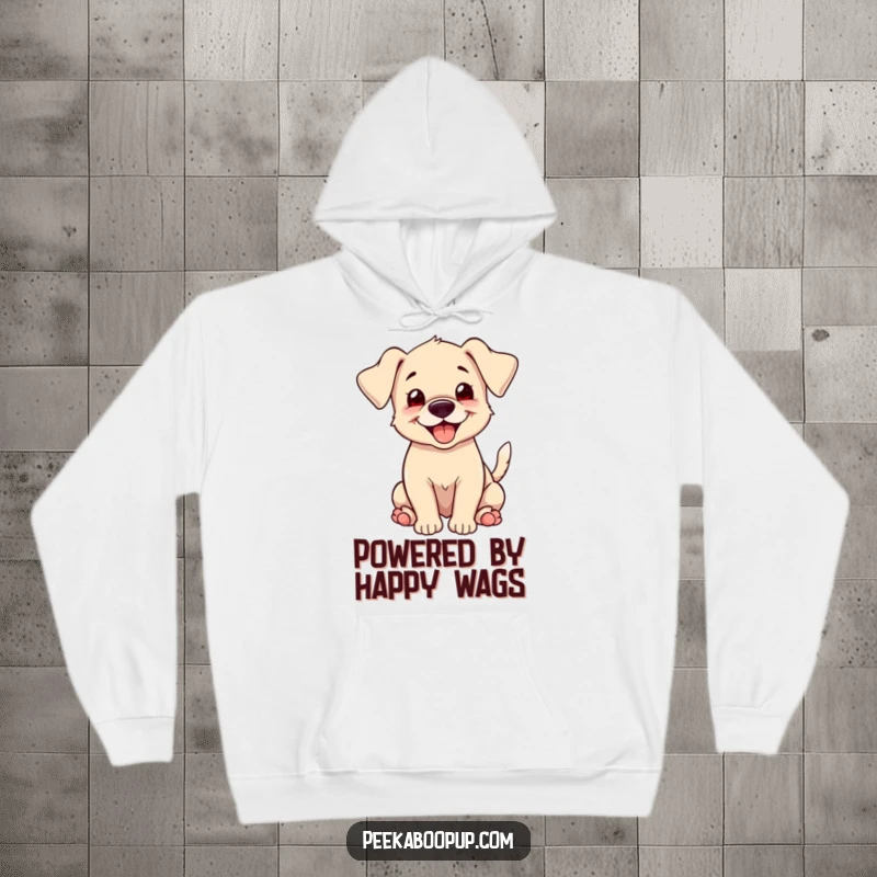 Funny puppy with floppy ears and a happy grin, tail wagging furiously, printed on a cozy hoodie for ultimate comfort and playful style.