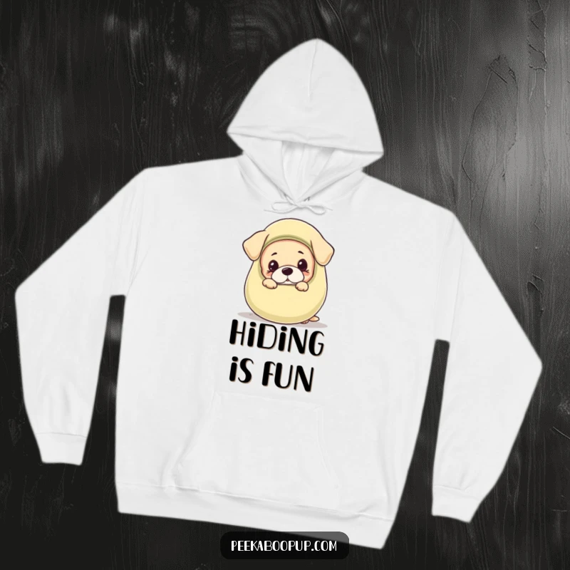 Funny hoodie showcasing a charmingly cute puppy with expressive eyes, peeking out from behind an oversized squeaky toy.
