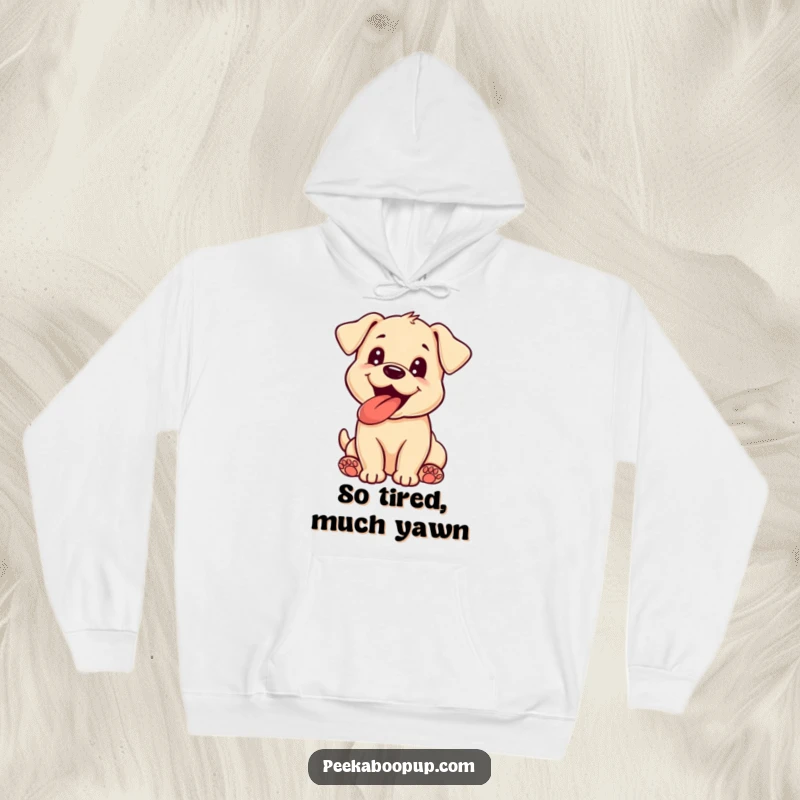 Funny puppy hoodie design featuring a happy, tongue-lolling puppy excitedly panting, offering warmth and a great dose of humor.