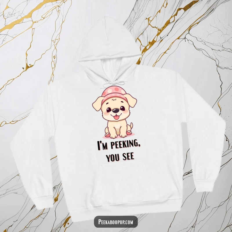 Funny Hoodie showcasing a happy, giggling puppy wearing a hat and playing peek-a-boo, designed for ultimate comfort and humor lovers.