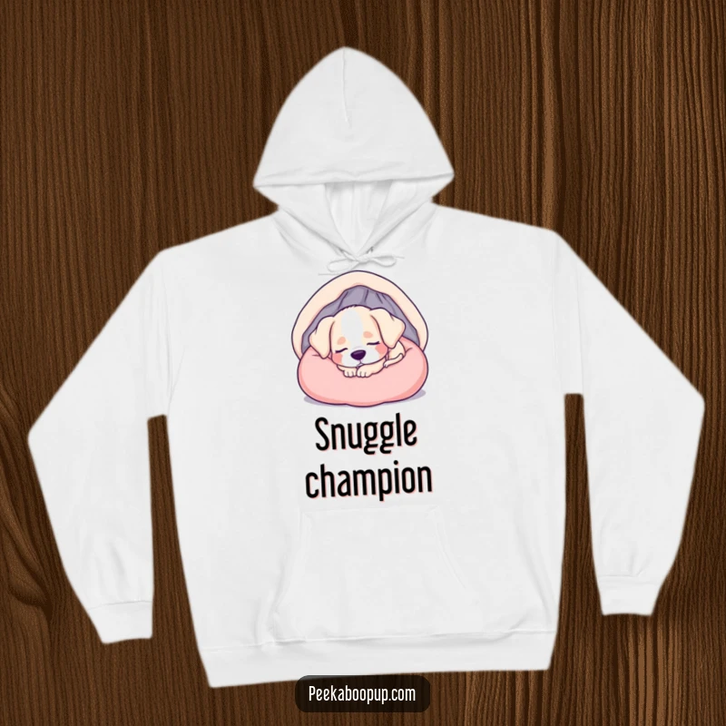 Funny hoodie showcasing a content, sleepy puppy curled up snugly in a soft, inviting bed, designed for comfort.
