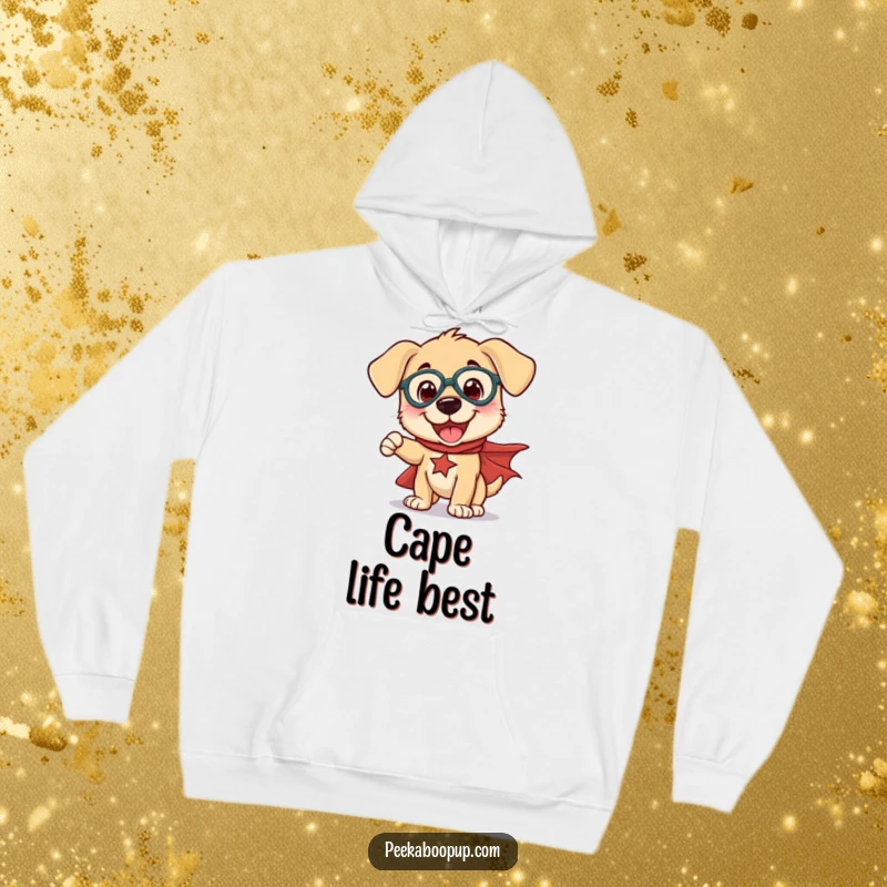 Funny hooded sweatshirt with a puppy hero in a cape striking a silly, triumphant pose, ready for action.