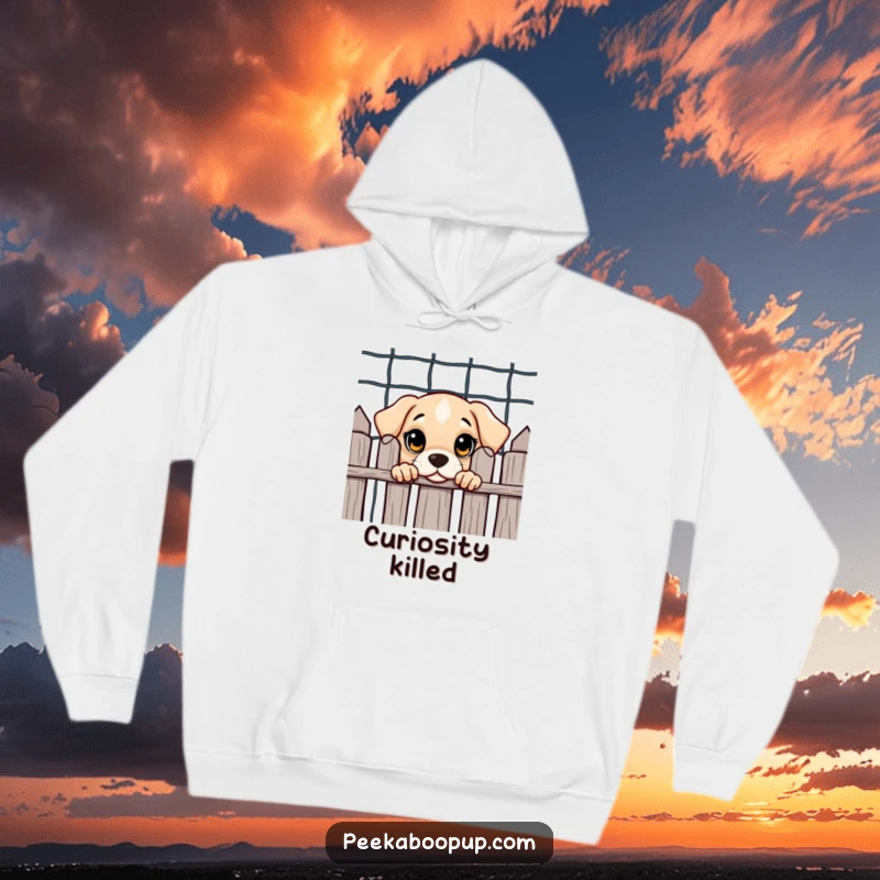 Funny and warm hoodie featuring a curious puppy with large eyes peeking from behind a fence, perfect for dog lovers.