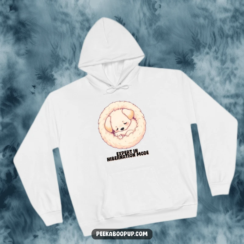 Funny Hoodie showcasing a sleeping puppy curled into a tight, fuzzy ball, embodying ultimate coziness and a hilarious love for sleepy dogs.
