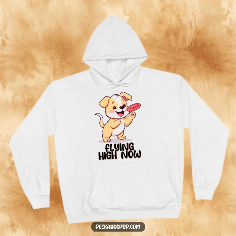 Funny and warm hoodie featuring a happy puppy with a wagging tail attempting to catch a frisbee, ideal for dog lovers.