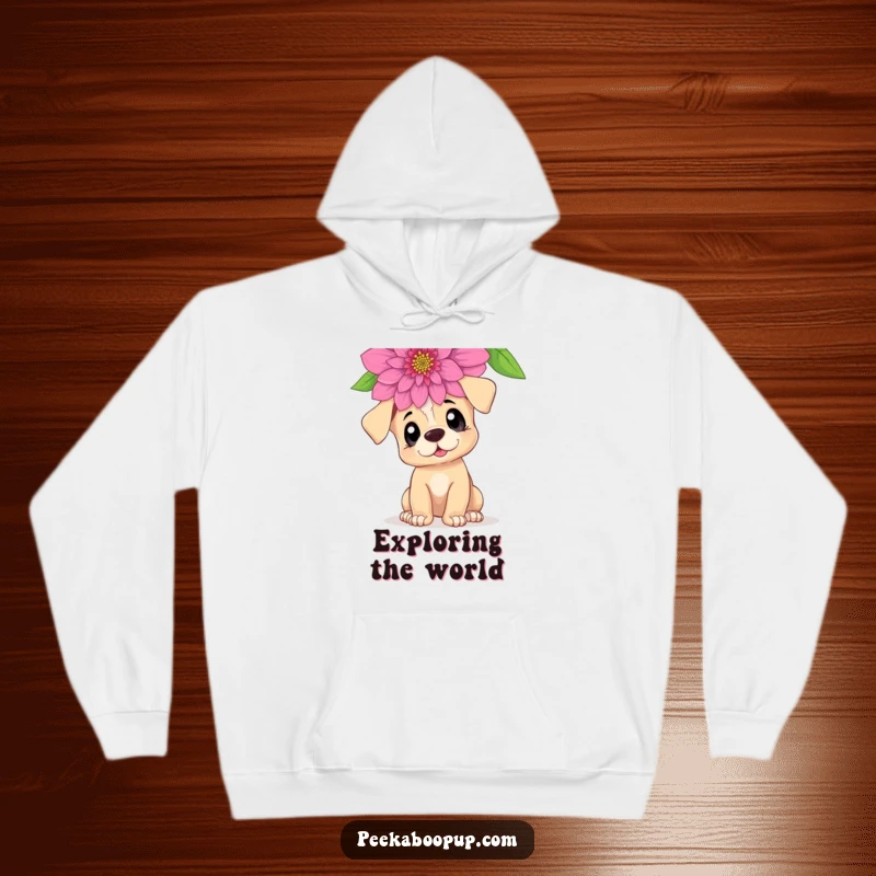 Funny Curious Puppy Hoodie: A warm hoodie featuring a puppy with wide eyes sniffing a giant flower