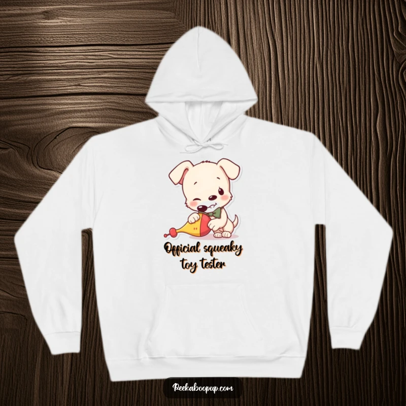 Funny hoodie featuring a mischievous puppy wearing a bowtie, enthusiastically squeaking a toy, perfect for cozy, humorous moments.