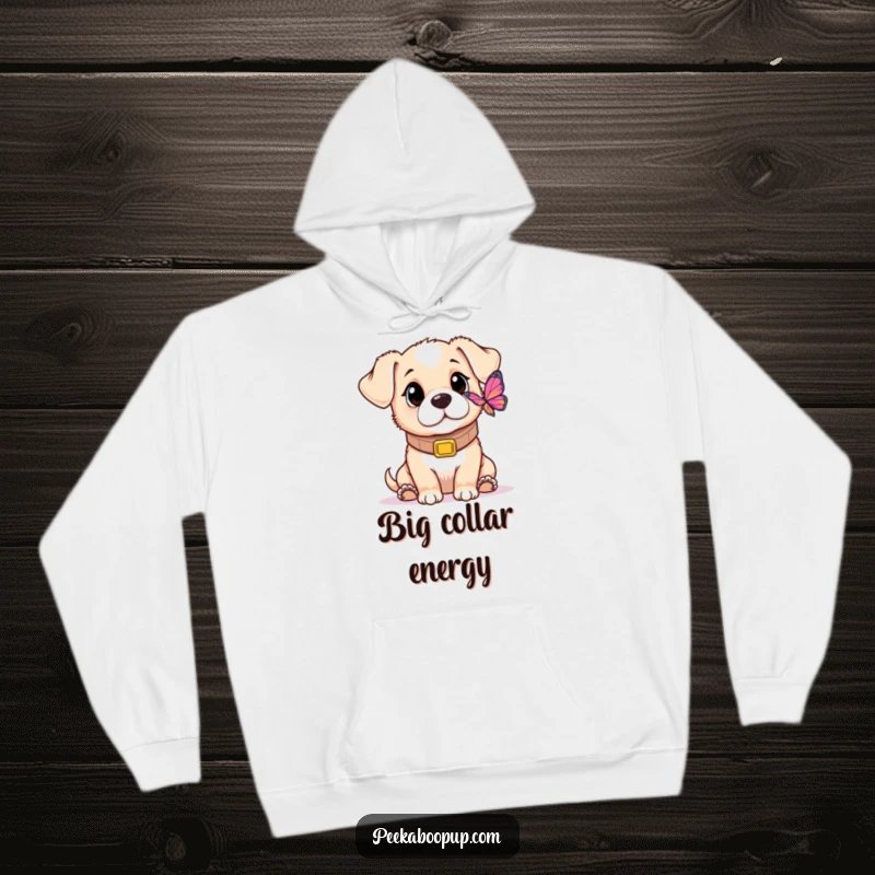 Funny hoodie depicting a puppy in an oversized collar, looking with sweet curiosity at a butterfly, embodying gentle wonder.