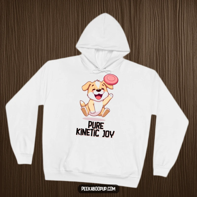 Funny hoodie displaying a happy puppy in mid-air, leaping enthusiastically to catch a flying frisbee.