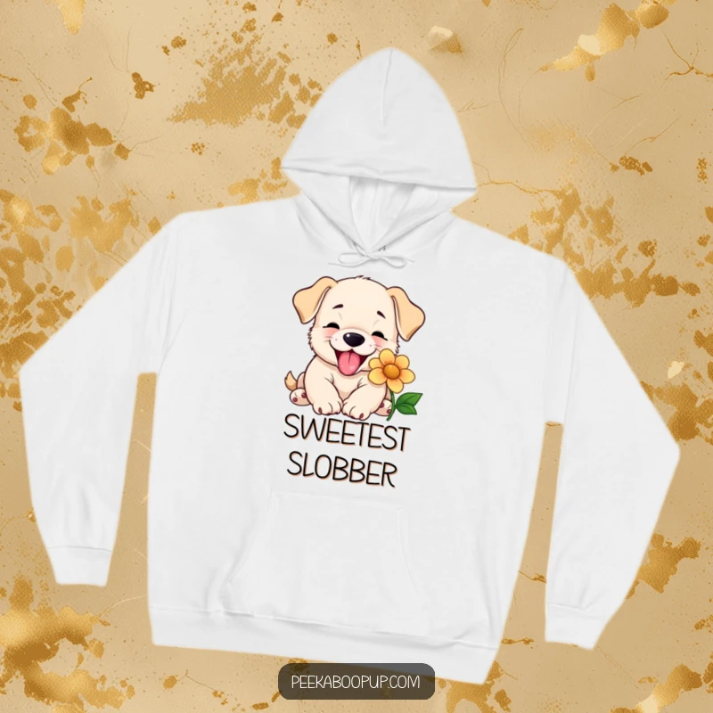 Funny hoodie showcasing a puppy joyfully giving a slobbery lick to a flower, offering warmth and a heartwarming visual.